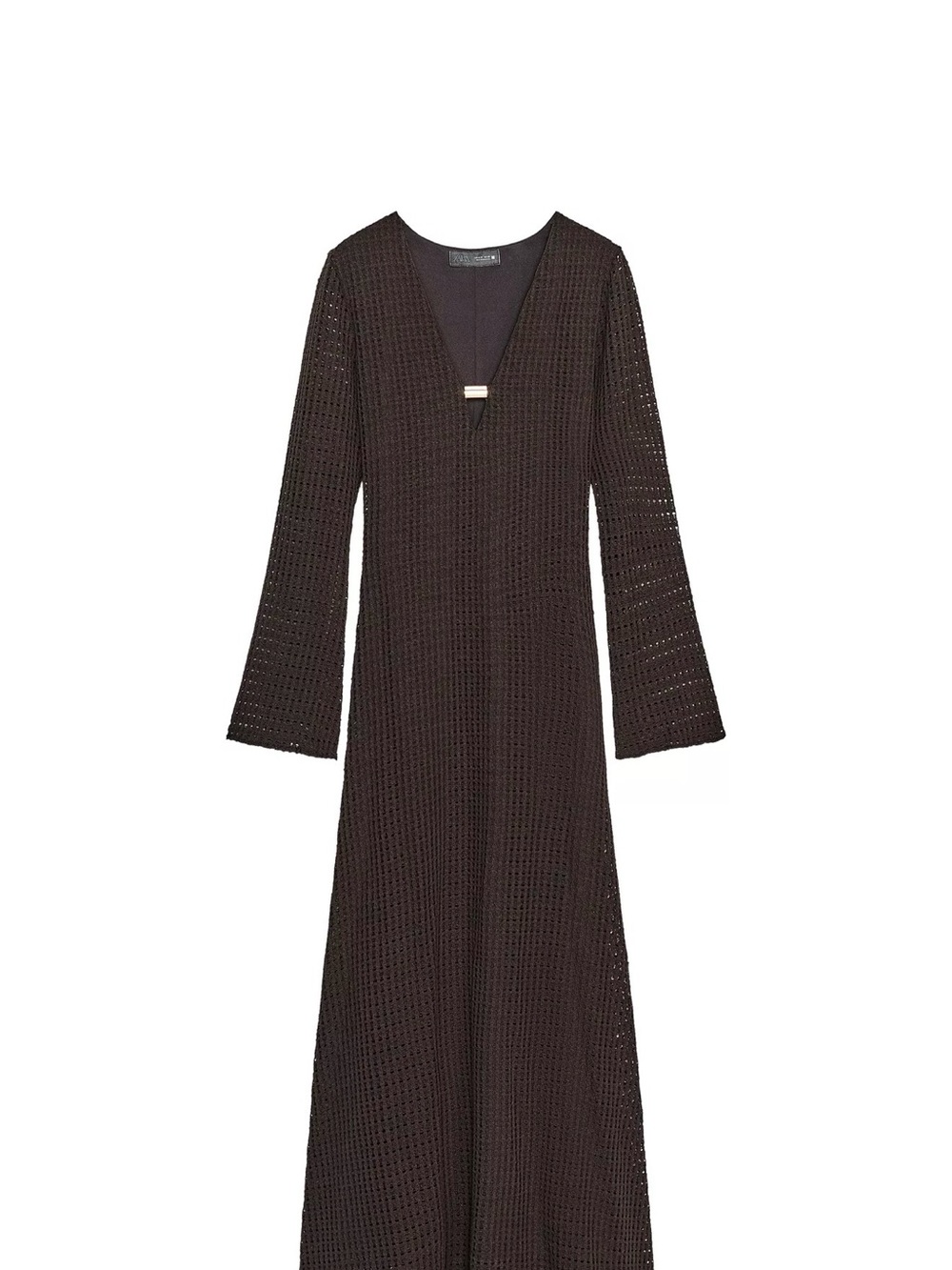 Zara Long Open-crochet  V-Neck Maxi Dress - Brown